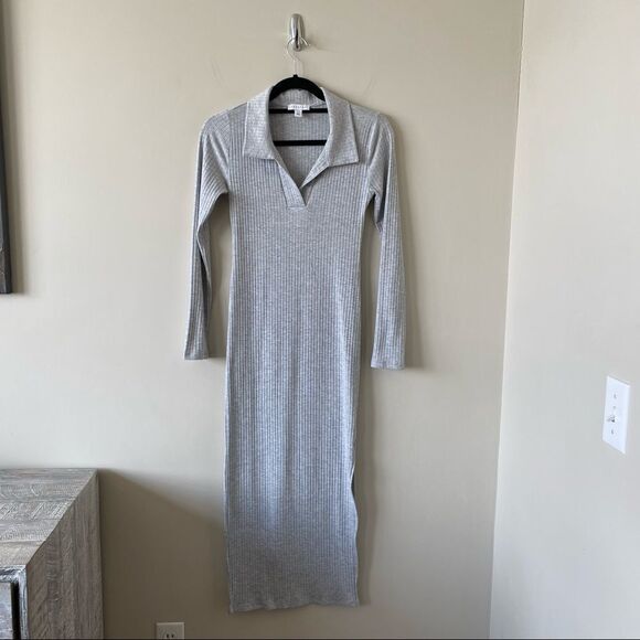 Topshop-Collar Ribbed Jersey Midi Side Slit Grey Dress (Size:4) - Picture 2 of 10